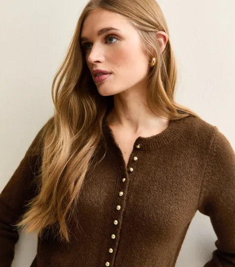 Dark Brown Dome Button Crew Neck Cardigan