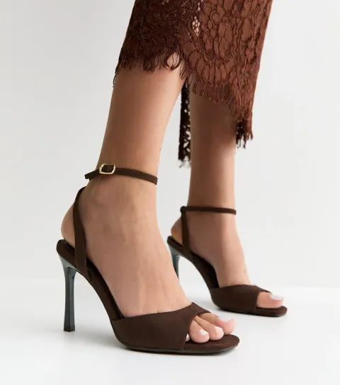 Dark Brown Faux Suede Slingback Stiletto Sandals Vegan
