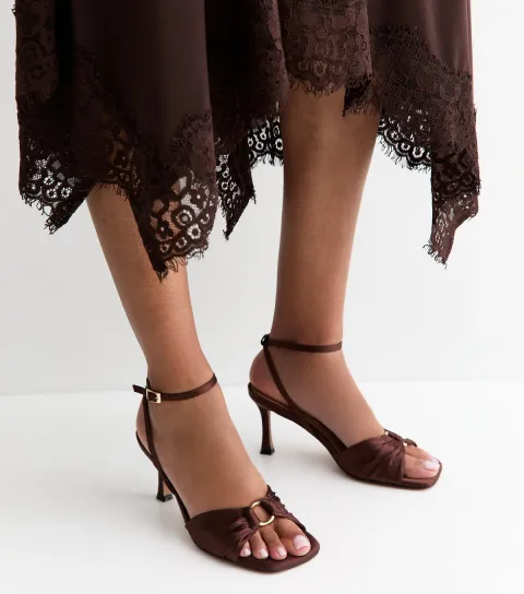 Dark Brown Ring Detail Satin Stiletto Sandals Vegan