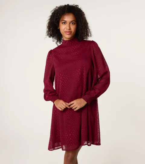 Light Burgundy Patterned Long Sleeve Mini Dress