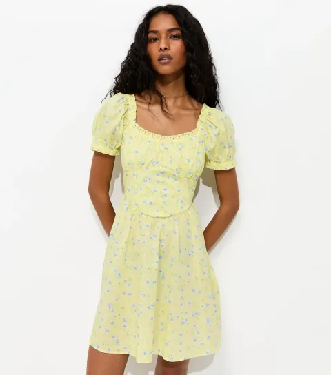 Light Yellow Floral Print Milkmaid Mini Dress