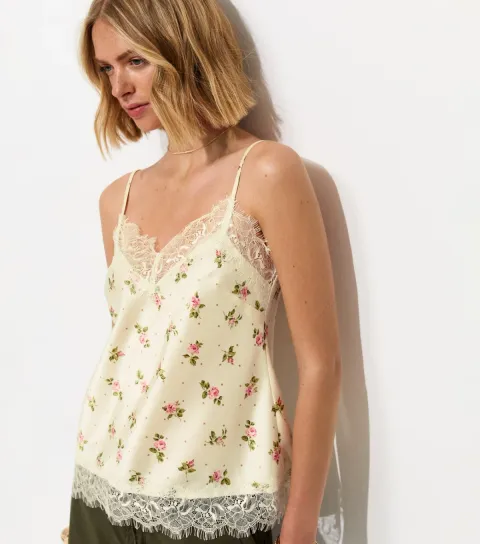 Cream Satin Floral Lace Trim Cami Top