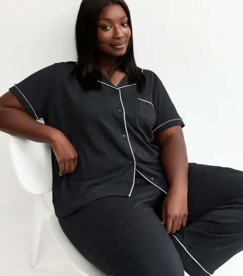 Plus Size Black Jersey Revere Collar Pyjama Set Curves
