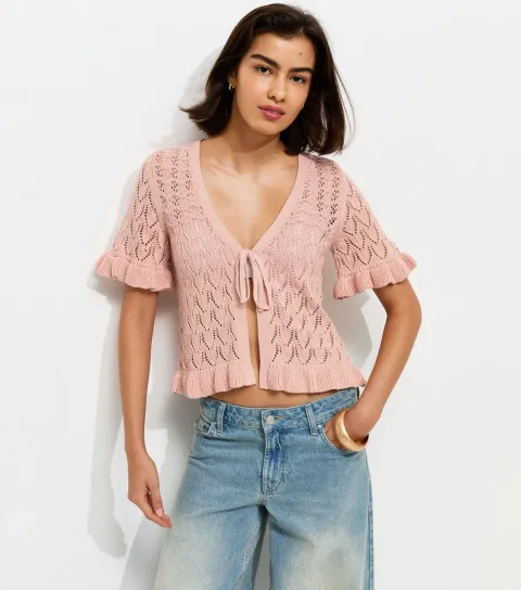 Light Pink Front Tie Short Sleeve Crochet Cardigan