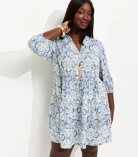 Plus Size Blue Printed Crepe Tiered Mini Dress Curves