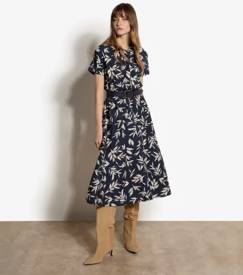 Navy Textured Leaf Print Midi Dress