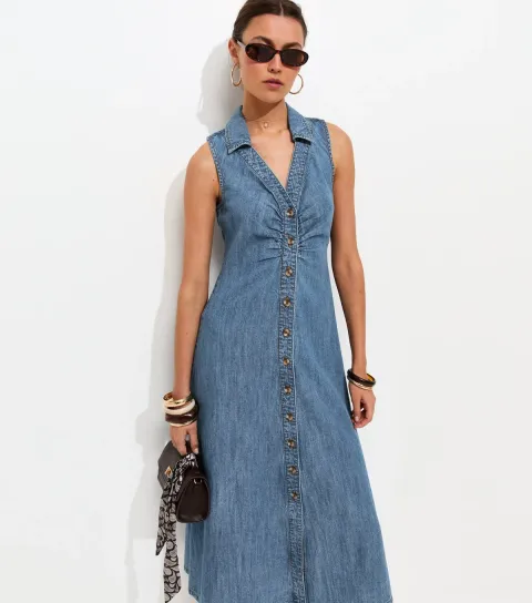 Mid Blue Wash Rouched A-line Midi Dress