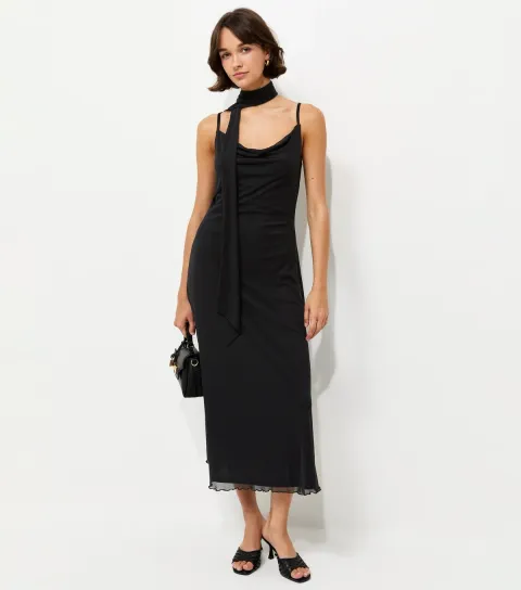 Black Mesh Cowl Neck Midi Dress with Scarf