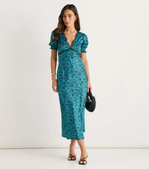 Green Lace Trim Floral V Neck Midi Dress