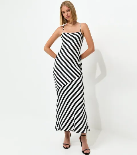 Black Satin Diagonal Stripe Slip Midi Dress