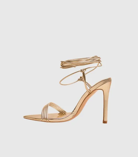 Gold Merlot Faux Leather Wraparound Stiletto Heel Sandals