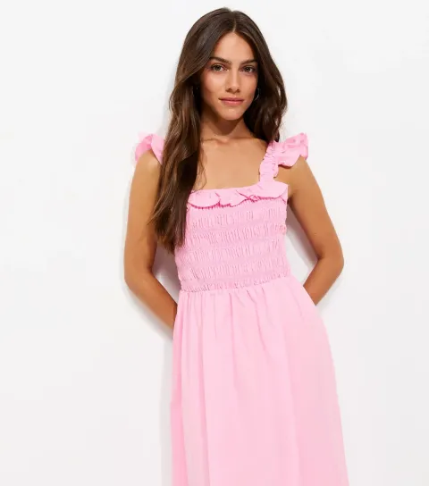 Petite Light Pink Cotton Tie Back Shirred Midi Dress