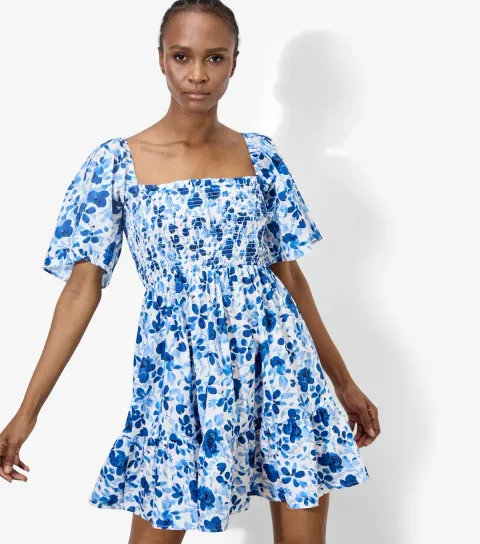 Blue Floral Print Smocked Mini Dress