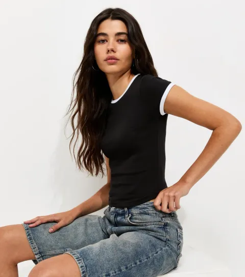 Black Cotton Rich Contrast Trim Ringer T-Shirt