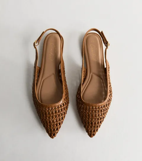 Tan Faux Leather Woven Slingback Pumps Vegan