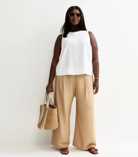 Plus Size Stone Crinkle Texture Pull On Wide Leg Trousers Curves