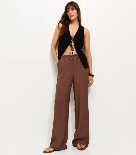 Tall Dark Brown Crinkle Texture Wide Leg Trousers