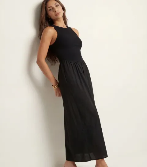 Black Ribbed Poplin Midi Dress