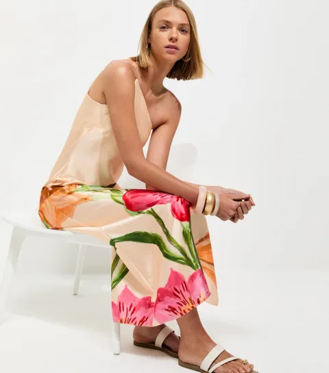 Cream Satin Floral One Shoulder Midi Dress
