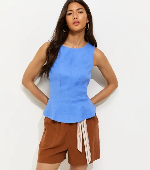 Blue Linen Blend Peplum Top