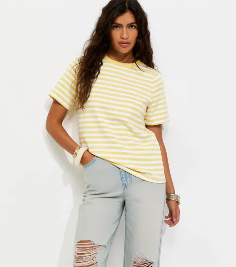 Premium Light Yellow Cotton Striped Relaxed T-Shirt