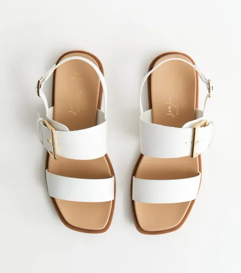 Wide Fit White Faux Leather Flat Slingback Sandals Vegan
