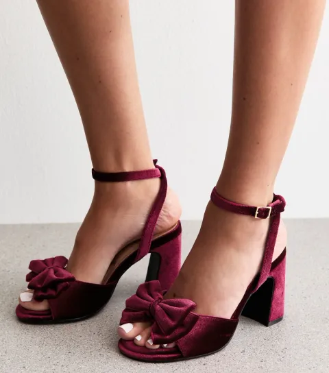 Wide Fit Burgundy Velvet Bow Block Heel Sandals Vegan