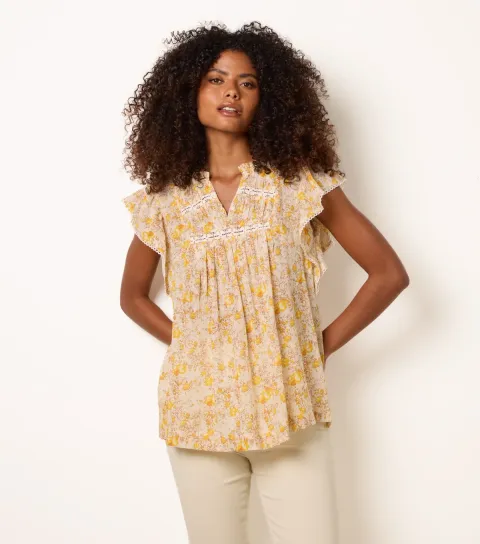 Yellow Cotton Floral Ruffle Sleeve Blouse