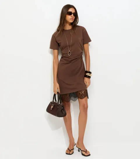 Dark Brown Cotton Rich Ruched Lace Hem T-Shirt Dress