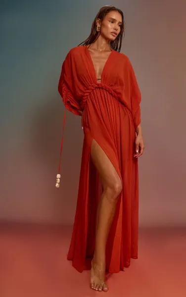 Rust Textured Chiffon Twist Boho Beach Dress