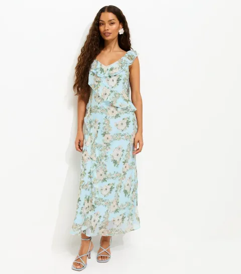 Petite Light Blue Floral Print Ruffled Chiffon Midi Dress