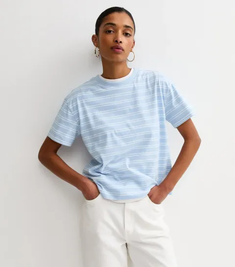 Blue Cotton Striped Crew Neck T-Shirt