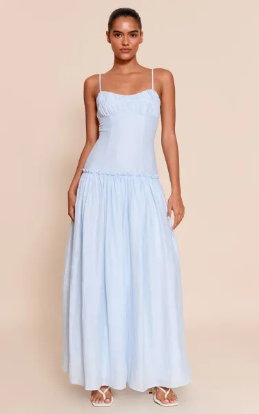 Light Blue Ruched Bust Drop Waist Maxi Dress