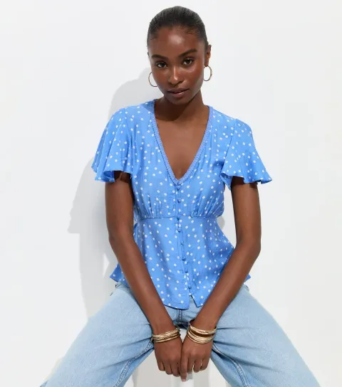Blue Crinkle Texture Spot Print V-Neck Tea Blouse
