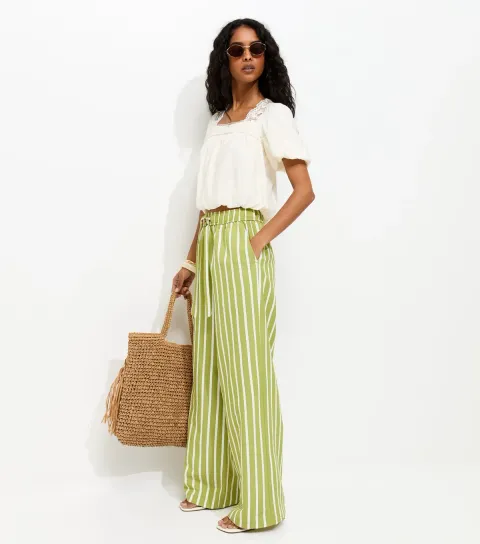 Green Striped Seersucker Wide Leg Trousers