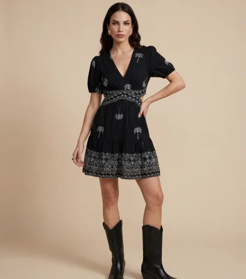 Black Open Back Embroidered Mini Dress