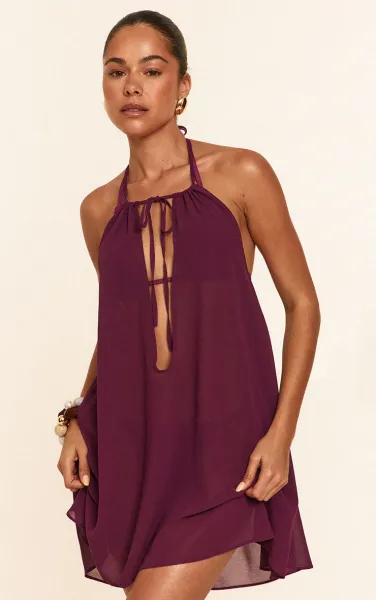 Purple Chiffon Plunge Halter Beach Dress