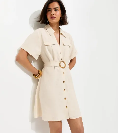 Stone With Cotton Belted Mini Shirt Dress