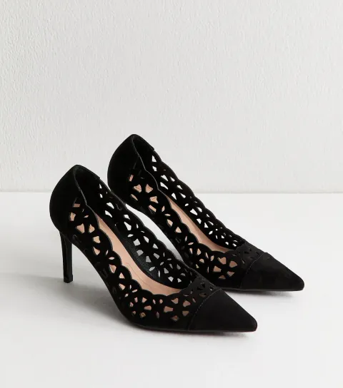 Black Laser Cut Stiletto Court Shoes Vegan