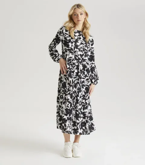 White Floral Stencil Print Smock Dress