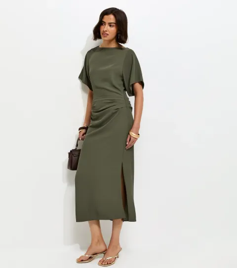 Dark Khaki Ruched Waist Short Sleeve Midi Dress