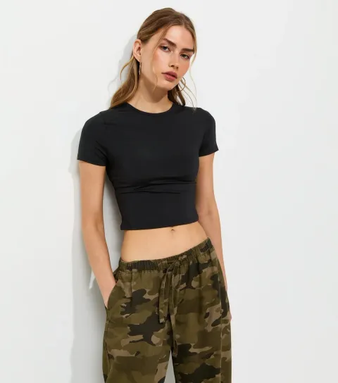 Black Jersey Crew Neck Cropped T-Shirt