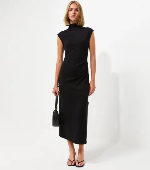 Black High Neck Ruched Sleeveless Midi Dress