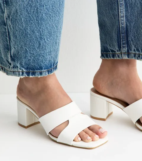 White Faux Leather Cut Out Strap Block Heel Mules Vegan