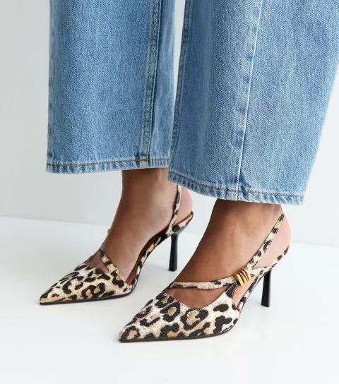 Stone Leopard Print Asymmetric Strap Metal Detail Slingback Court Shoes Vegan