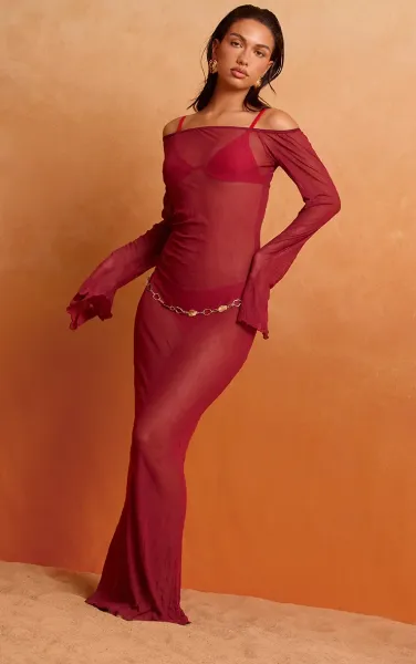 Deep Red Crushed Mesh Maxi Beach Dress