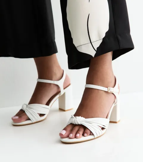 Wide Fit White Knot Strap Block Heel Sandals Vegan
