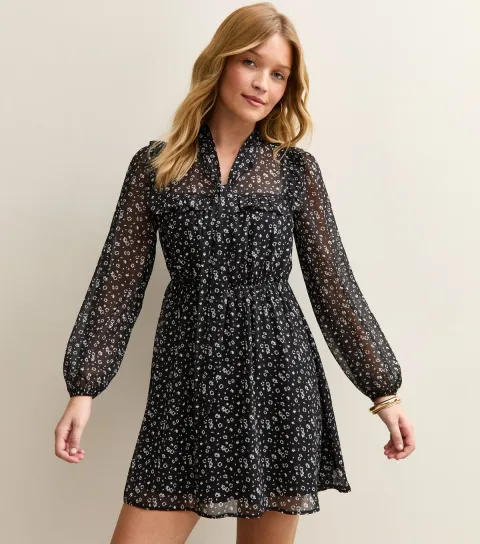 Black Chiffon Floral Mini Dress