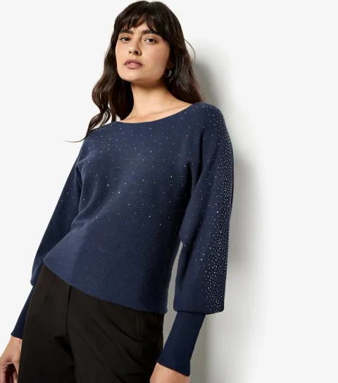 Navy Stud Ribbed Batwing Jumper