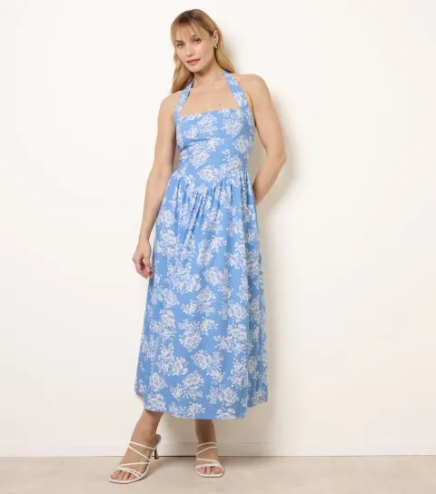 Blue Floral Print Halter Neck Midi Dress